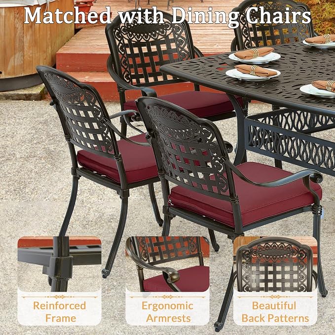 9 Piece Outdoor Patio Dining Set for 8, Cast Aluminium Large Square Dining Table & 8 Cushioned Stackable Chairs, Umbrella Hole, Patio Furniture Set for Garden Porch Poolside, Chili Red