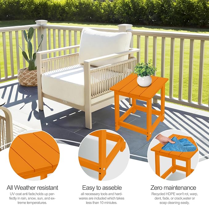 LZRS Patio End Table, Heavy Duty HDPE Outdoor Coffee Table with Wood Texture, Weatherproof Composite Table for Adirondack Chairs, Deck, Pool, Indoor/Outdoor, No Peeling or Cracking(Orange)