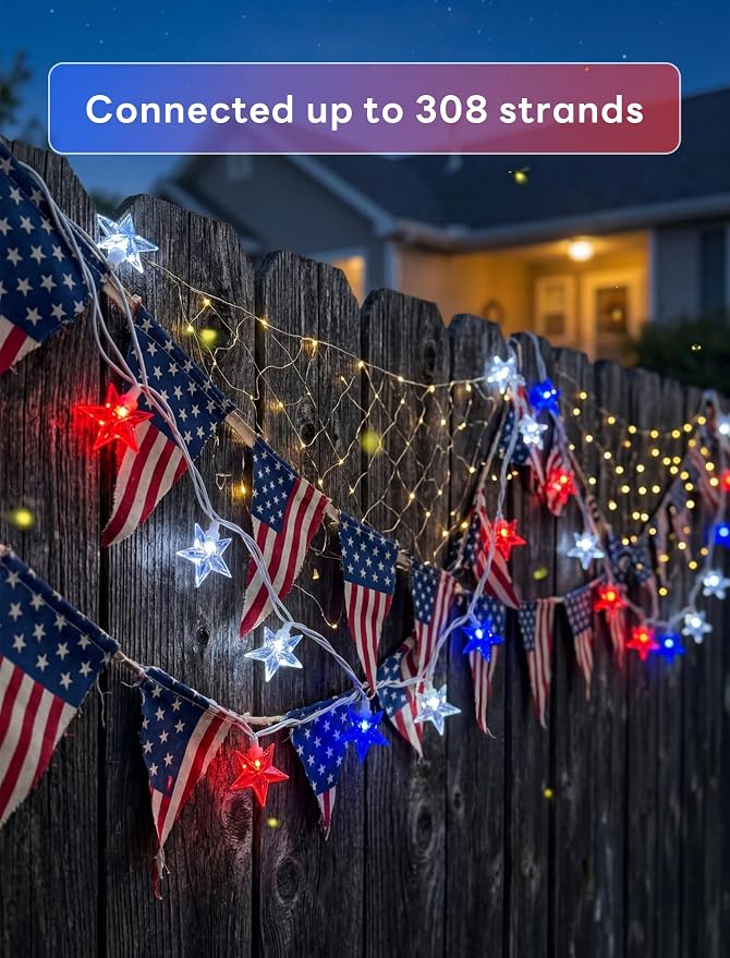 35 LED Patriotic Star String Lights, 13.6FT 4th of July Red White and Blue String Light with LED Mini Bulbs, Waterproof Connectable Independence Day Lights for Home Patio Garden Yard Memorial Day