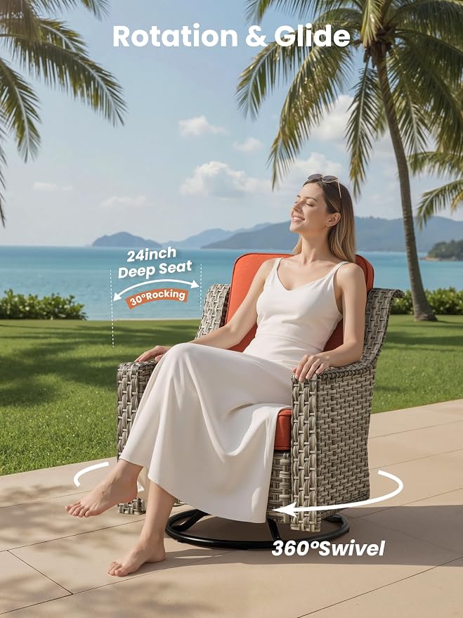 ovios 5 Piece Outdoor Patio Furniture with 3 Seat Sofa,Rattan Wicker Coversation Set with Swivel Rocking Chair,Balcony Sofa Set with Shiny Table for Outside Porch Backyard Pool, Red