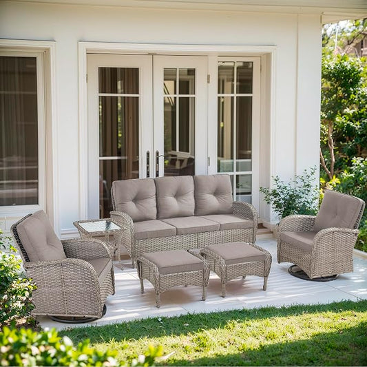 6 Piece Patio Furniture Set - Wicker Patio Conversation Set with Swivel Glider, 3-Seater Sofa, Tempered Glass Side Table and 2 Ottomans for Deck Backyard - Grey Wicker Grey Cushion