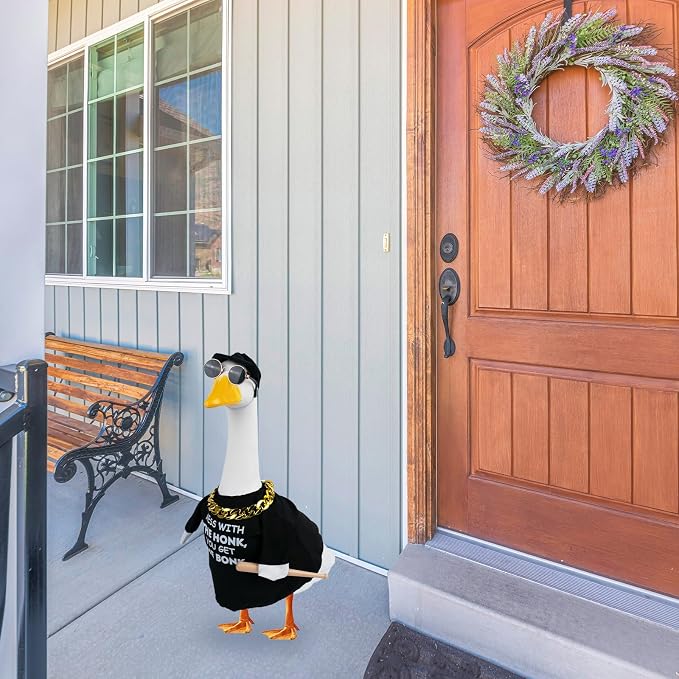 CAMDUCK 4 Pcs Porch Goose Outfit Glasses Gold Chain Mess with The Honk You Get The Bonk Warning Porch Sign Baseball Goose Clothes with Wood Bat for Cement Goose Statue Garden Lawn Outdoor Decor