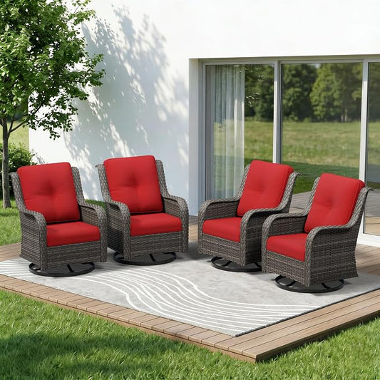 4 Piece Outdoor Swivel Rocker Patio Chairs Set, Patio Chairs Set of 4 with Thickened Olefin Cushions, High Back and Deep Seating, Hand-Woven PE Rattan for Porch, Deck, Red