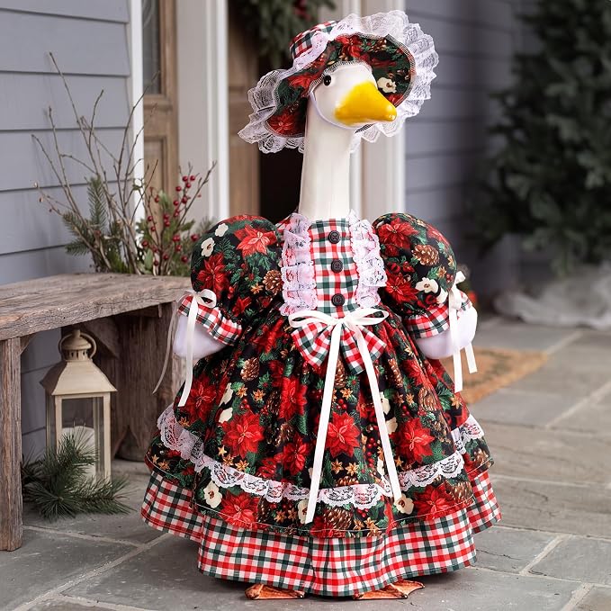 Suzile Christmas Tree Porch Goose Outfit Clothes for 23" High Cement or Plastic Goose Costume for Yard Lawn Outdoor Garden Patio Geese Statue Dresses Winter Xmas Santa Holiday Decor