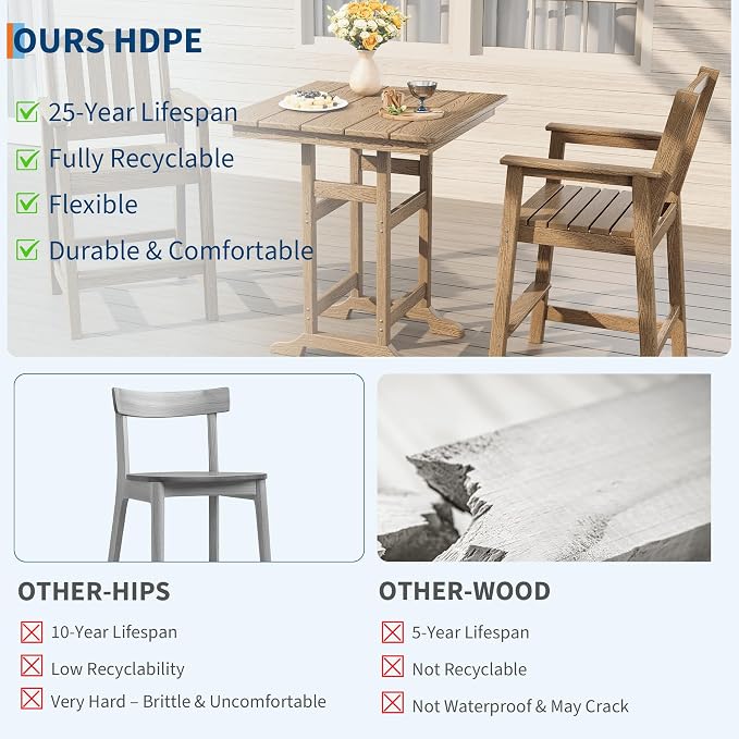 GarveeLife Outdoor Counter Height Bar Dining Table, HDPE Wood Grain Tall Bar Table – 39.6" High Square Pub Table, Cocktail Bistro Table Fits, for Patio, Garden, Poolside, Balcony & Yard (Brown)