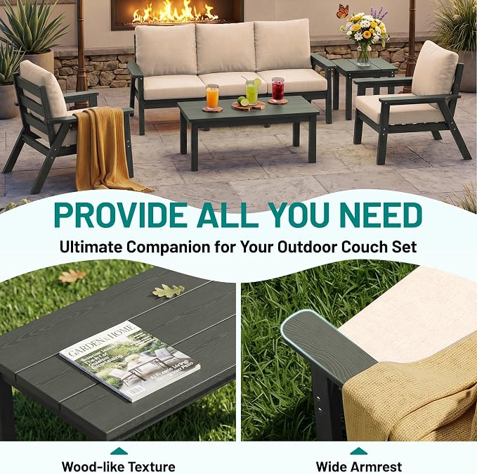 PLUUV 4-Piece HDPE Patio Sofa Set, All-Weather Outdoor Sectional Furniture with Thick Cushions, Modular Couch Set for Deck, Lawn, Gray Frame with Khaki Cushion
