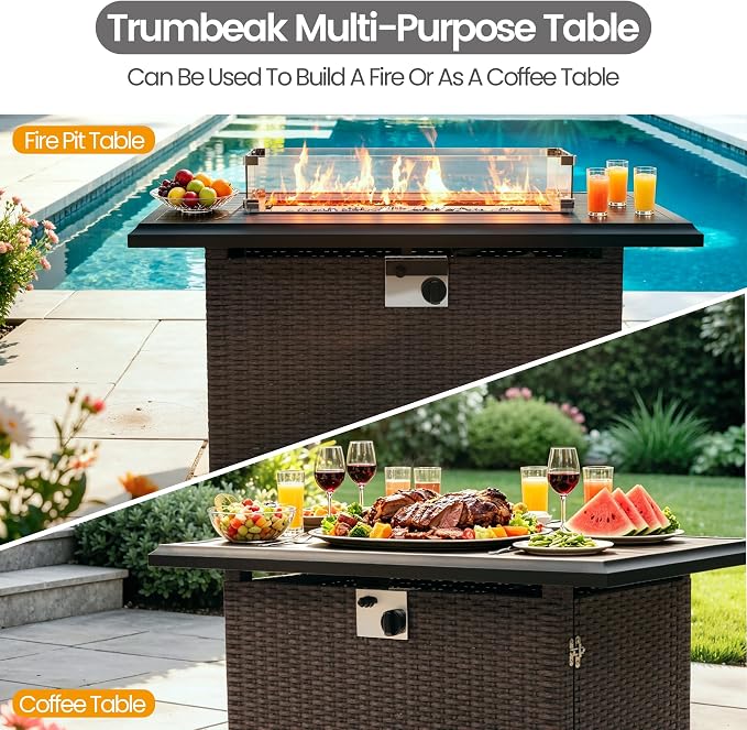 Patio Furniture Set 7 Pieces Outdoor Furniture Patio Conversation Set w/43in Gas Fire Pit,PE Rattan Wicker 7 Pcs Outdoor Sofa Set w/55000 BTU Propane Fire Pit Table,Sand