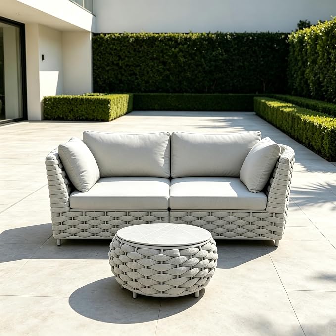 2-Seater Aluminum Outdoor Sectional Sofa Set with Coffee Table, Rust-Free Patio Loveseat with 3.9" Thick Cushions for Backyard, Balcony, Garden，Khaki Gray