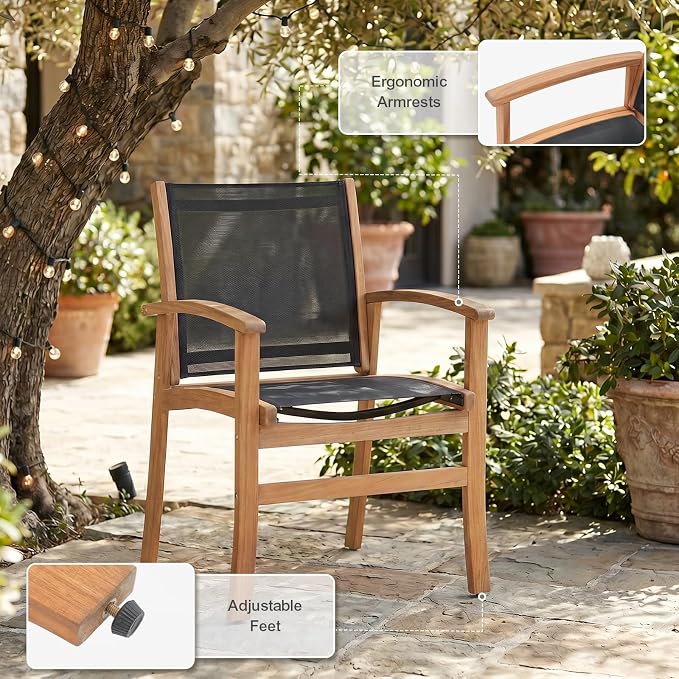 SUNSITT 5-Piece Outdoor Patio Dining Set, 55" - 71" Acacia Wood Expandable Table & 4 Breathable Textilene Mesh Chairs, All-Weather Patio Furniture w/Umbrella Hole for Backyard, Deck, Garden, Black