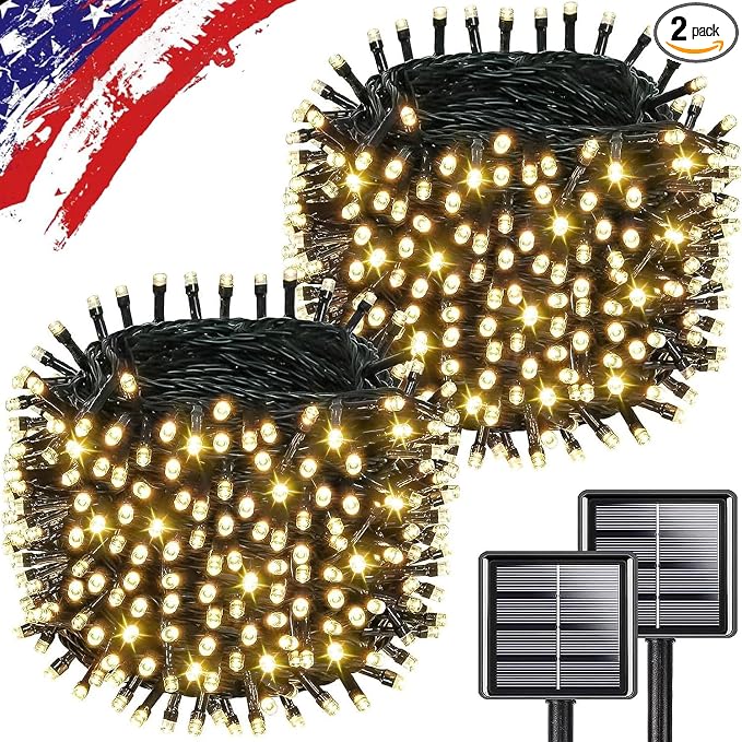 KAQ Solar String Lights Outdoor 2Pack 500LED 180FT Waterproof Warm White | 500LED Super Bright, 180FT Total Length, IP65 Waterproof, 8 Twinkle Modes with Memory, Auto On/Off, for Garden Yard Decor