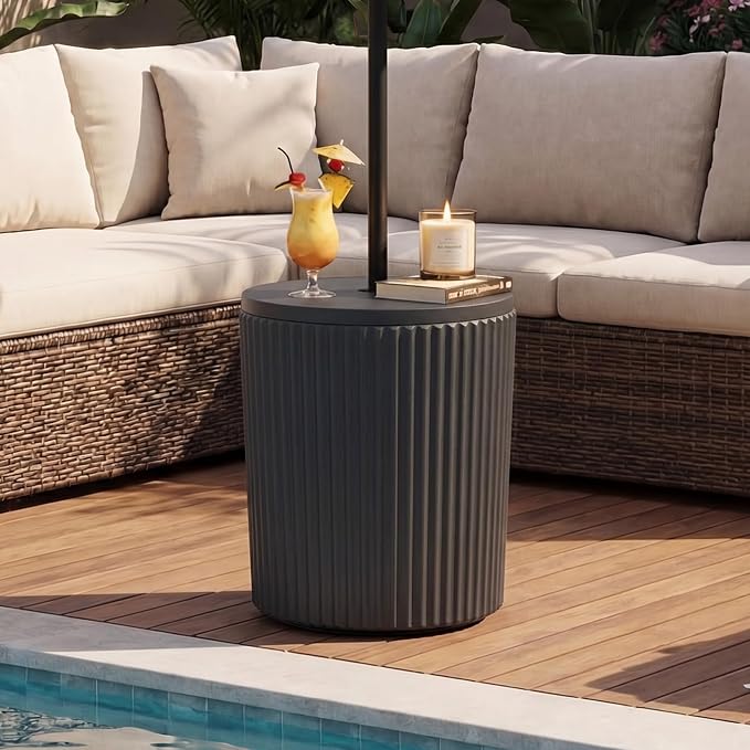 HOMPUS Umbrella Side Table, Outdoor Patio Table with Umbrella Hole, Round Patio Stand for Porch, Poolside & Garden, Composite Material, Modern Coffee End Table, Easy Assembly, Black