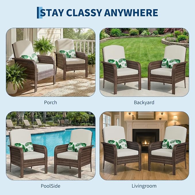 GarveeTech Outdoor Wicker Chairs,2-Piece Brown Patio Furniture Set, All-Weather High-Back Rattan Chair with Thick Cushions for Deck, Porch, Balcony, Backyard, Garden(Brown Wicker with Beige Cushions)