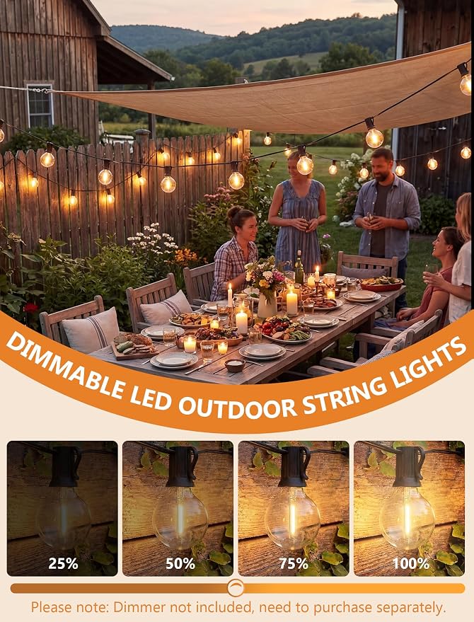 25Ft LED Outdoor String Lights, 27 G40 Globe Patio Lights IP65 Waterproof | 2700K Warm White, Plug In, Hanging Connectable Christmas Decorative Lights for Backyard Porch Garden Balcony Bistro, Black