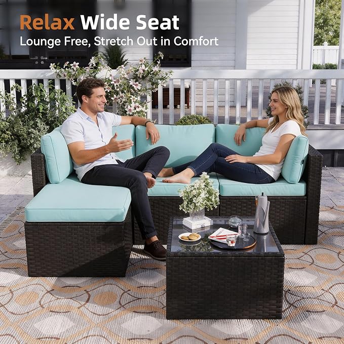 Aoxun Patio Furniture Set 5-Piece, Outdoor Sectional Sofas with Washable Cushion, Wicker Rattan Patio Conversation Sets for Backyard Porch and Poolside, Mint Blue