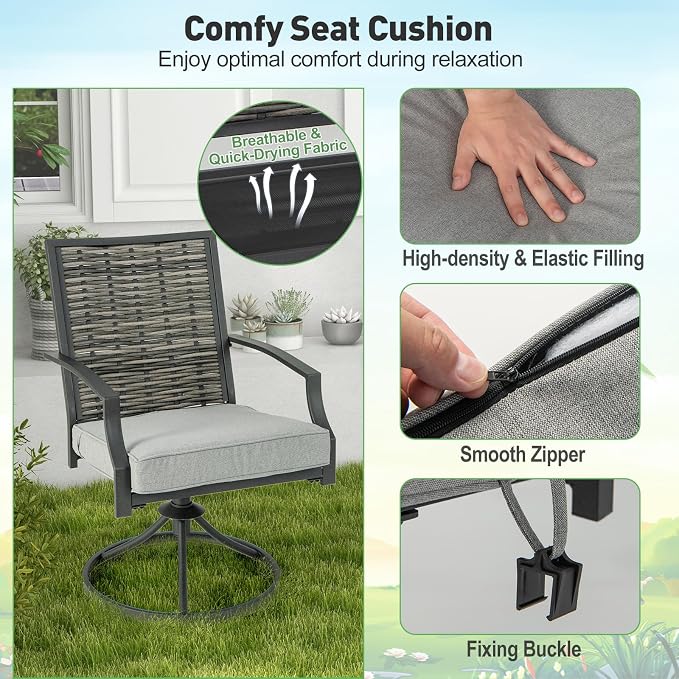 Tangkula 3 Piece Patio Swivel Chair Set, Wicker Swivel Chairs w/Coffee Table, Soft Seat Cushions, Heavy-Duty Metal Frame, 360° Swiveling Chair Set for Backyard, Balcony, Front Porch (Gray)