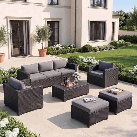 LazySunsets 6-Piece Outdoor Patio Furniture Set, Rattan Outdoor Sectional with Thick Waterproof Cushions, Wicker Ottomans & Waterproof Cover, Patio Conversation Set for Garden, Backyard, Grey
