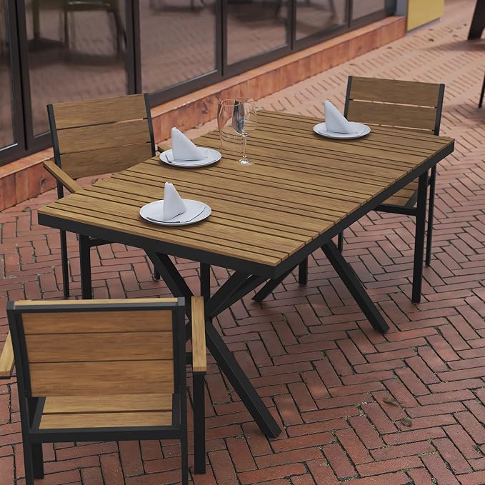 Flash Furniture Finch Commercial Grade X-Frame Outdoor Dining Table 59" x 35.5" with Faux Teak Poly Slats and Metal Frame, Natural/Gray