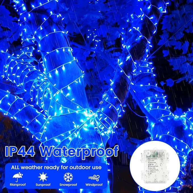 2 Pack 200 LED Battery Operated String Lights, Twinkle Fairy Lights Blue | 66FT 8 Modes Battery Lights Indoor Outdoor with Timer, Waterproof Christmas Lights for Bedroom Party Porch Tree Holiday Decor