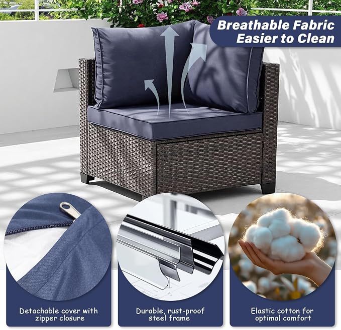7 Pieces Outdoor Patio Furniture Set, Brown PE Rattan Weaving Sofa with Navy Blue Cushions and Steel Frame, Coffe Table Included, Outdoor Conversation Set