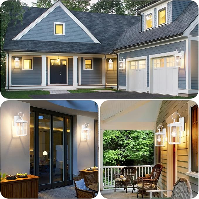 BesLowe 2-Pack Outdoor Wall Light Fixtures, Modern Porch Sconces, White | Waterproof, Rust-Resistant, Durable Metal with Clear Glass, Standard E26 Socket, Easy to Install