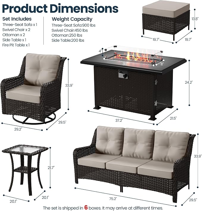 Kullavik 7 Pieces Patio Furniture Set,All-Weather Wicker High Back Outdoor Swivel Rocker Patio Chairs with Fire Pit Table & Thick Cushions,Paito Conversation Set for Porch,Deck,Sand