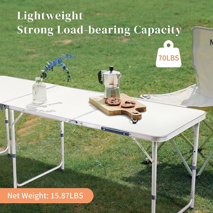 6 Ft Folding Portable Camping Table, Tri-fold Outdoor Picnic Table, Outdoor Camping Kitchen, BBQ, Picnic, Cooking, Beach, Garden, Party (White)