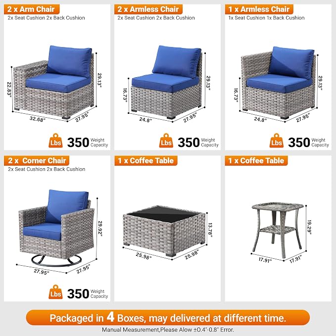 9-Piece Patio Furniture Set, Outdoor Wicker Furniture Sectional Set with Coffee Table, High Back Swivel Rocker Patio Chairs, Modern Rattan Outdoor Conversation Set for Porch, Balcony, Navy Blue