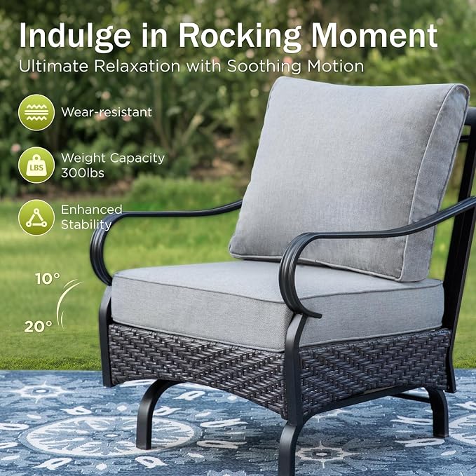 PHI VILLA Patio Furniture Set, Upgraded Wicker & Metal Modern Outdoor Conversation Sets Patio Sectional Rocking Chair Set with Coffee Table & Waterproof Thick Cushions for Porch, Deck(6 Pieces, Grey)