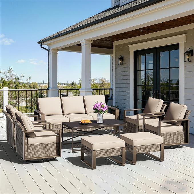 8 Pieces Metal Wicker Patio Furniture Set - 75" Sofa, Four Swivel Chairs and Two Ottomans, One Coffee Table All Weather Rattan Outdoor Conversation Furniture with Washable Cushion for Deck, Beige