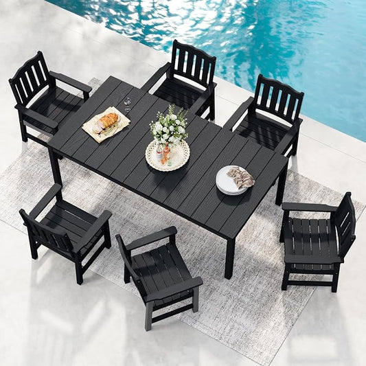 Stoog 7 Pieces Patio Dining Sets, All-Weather HIPS Material & Aluminum Frame Dining Table with 2" Umbrella Hole, Outdoor Dining Table Set for 6, Never Rot or Fade, Black