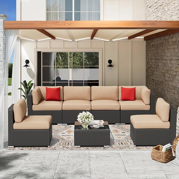 Oakcloud 7-Piece Outdoor Patio Furniture Black Rattan Wicker Sectional Sofa Conversation Set with Glass Top Table and Cushions (Brown)