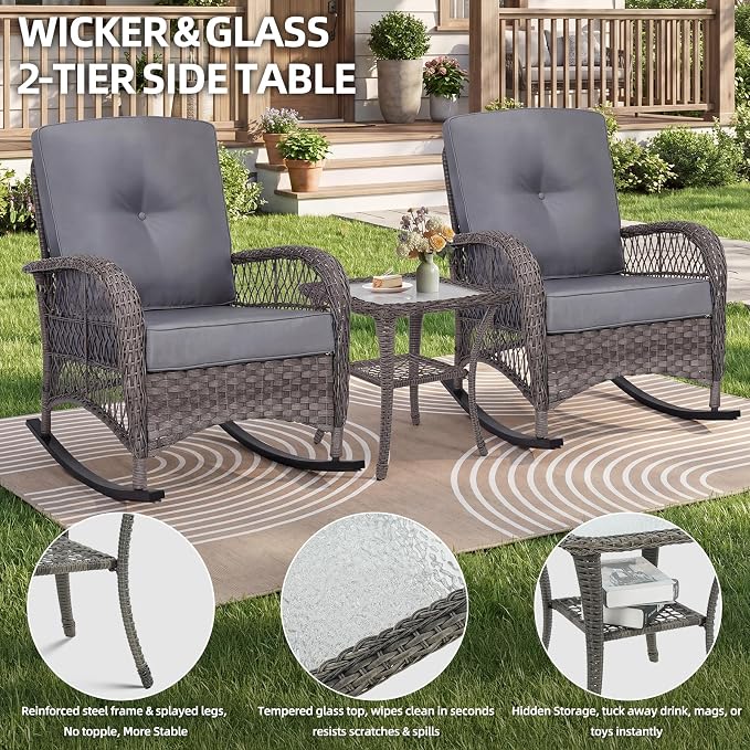 MEETWARM Wicker Outdoor Side Table, All-Weather Patio Rattan Side Table with Tempered Glass Top and Storage Shelf, Small Patio End Table for Outside Indoor Outdoor Balcony Porch Deck, Gray