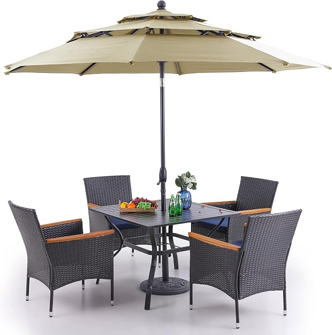 PHI VILLA 5pc Patio Dining Set with Umbrella, Square Table, Rattan Chairs | 37" Metal Table, Cushioned PE Rattan chairs, 10ft Beige 3 Tier Auto-tilt Umbrella (Base Not Included)
