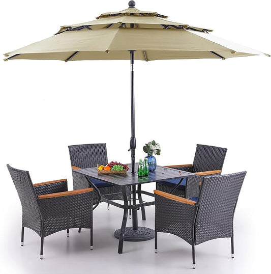 PHI VILLA 5pc Patio Dining Set with Umbrella, Square Table, Rattan Chairs | 37" Metal Table, Cushioned PE Rattan chairs, 10ft Beige 3 Tier Auto-tilt Umbrella (Base Not Included)