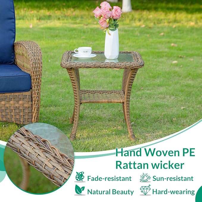 VIVIJASON Outdoor Wicker Side Table, All-Weather Rattan Patio Side Table Bistro Table with 2-Tier Storage, Tempered Glass Top Square End Table for Indoor, Balcony, Garden, Porch, Deck, Brown