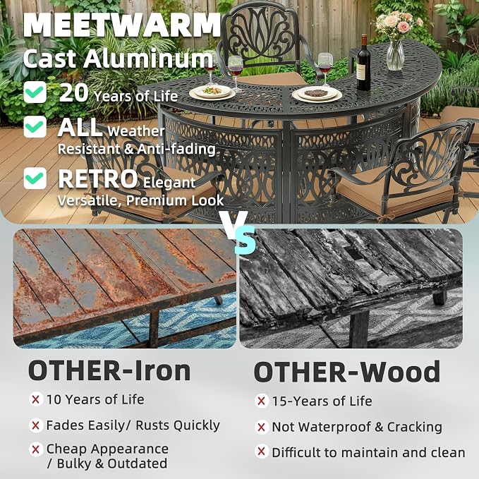MEETWARM Large 3-Tier Half Moon Outdoor Bar Table, All-Weather Cast Aluminum 75" Patio Party Bar Table with Storage Shelves, 220 LBS Heavy Duty Patio Counter Table High Top Dining Table Home Bar Unit