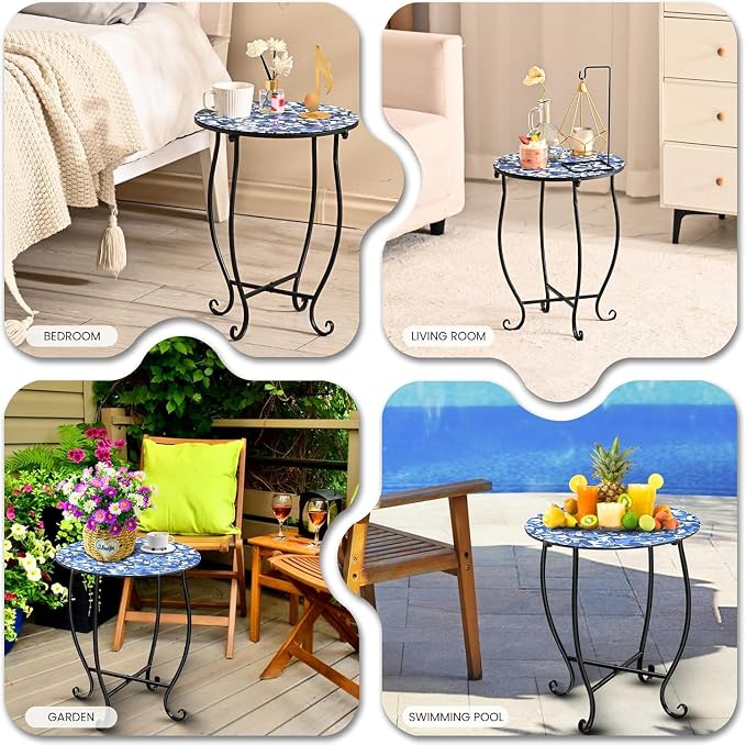 Patio Side Tables, 14"" Indoor Outdoor Metal Side Table for Poolside Bistro Balcony Yard Porch Bedside, Weather Resistant Metal Accent Table for Indoor Outdoor Use, Easy Assembly (Blue)