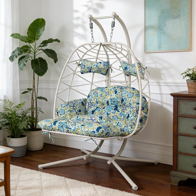 Double Egg Hammock Chair with Stand, Swing Egg Chair, Wicker Hanging Chair with Washable Cushion - Sturdy Metal Stand, 600lbs Capacity for Indoor Outdoor Patio Living Room Etc (White+Morocco Dream)