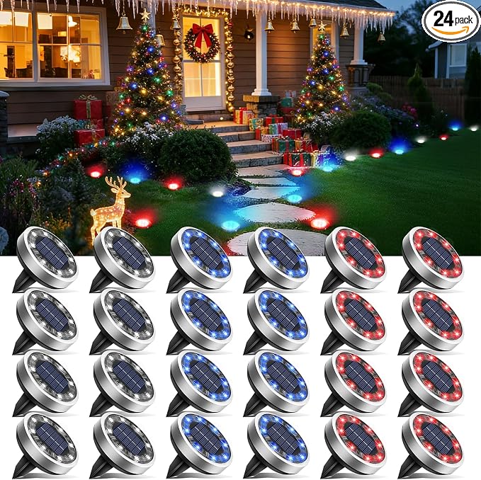 btfarm 24 Pack Solar Lights Outdoor, 8 LED Solar Ground Lights IP65 Waterproof Flat Solar Disc Light, Pathway Lights for Garden Lawn Yard Christmas Decorations, Red+Blue+Cool White