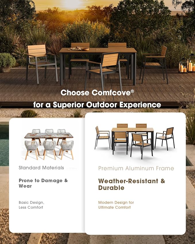 Outdoor Dining Table, Aluminum Patio HDPS Outdooor Table with Umbrella Hole, All Weather Patio Furniture Set, Patio Dining Table (Gray & Teak)