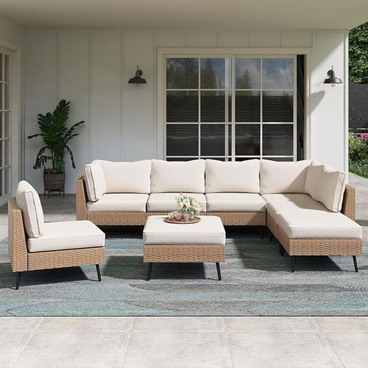 8 Piece Outdoor Patio Furniture Set with Thick Cushions, All Weather PE Rattan Wicker Sectional Sofa Conversation Set for Garden, Backyard, Poolside, Modular Outdoor Lounge Furniture Set(Beige)