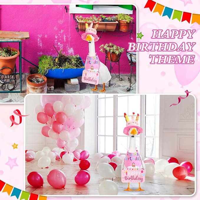 Happy Birthday Porch Goose Outfit Lawn Goose Cloth Costume for 23" Cement Plastic Patio Yard Statue Outdoor(Pink,Triangle Scarf)