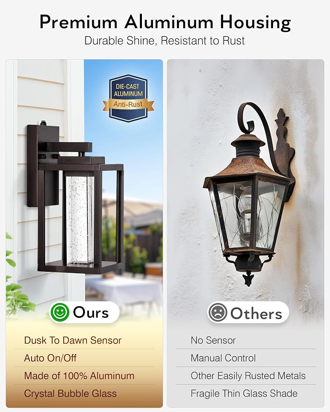 VIANIS 2 Pack Porch Lights Outdoor, Oil Rubbed Bronze Dawn to Dusk Exterior Lighting Fixtures for House, Farmhouse Outside Garage Lights Wall Mount Built-in LED Outdoor Wall Sconces Lantern, Anti-Rust
