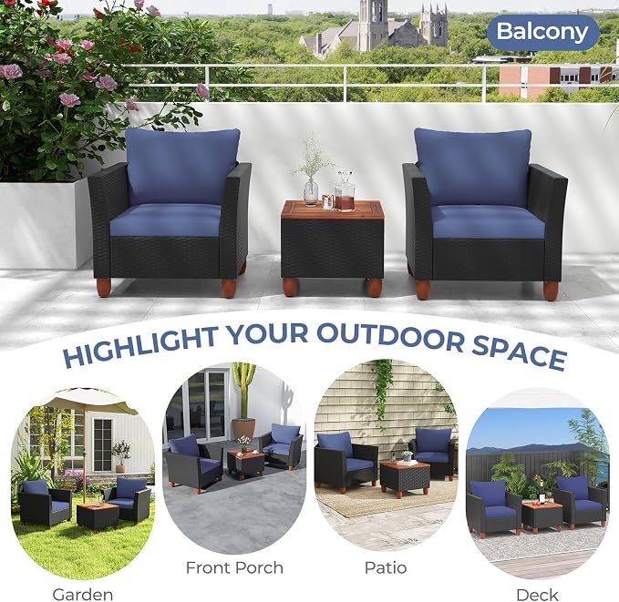 ORALNER 3 Pieces Patio Furniture Set, Outdoor Wicker Conversation Chairs with Cushion, Acacia Coffee Table, Rattan Bistro Set for Balcony Garden Backyard Front Porch Poolside (Blue)