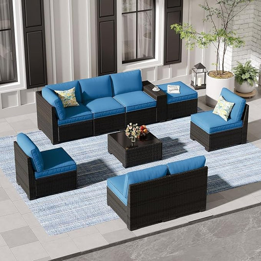 9-Piece Patio Furniture Set with All-Weather Wicker Sectional Sofa, Rattan Outdoor Conversation Seating with Cushions, Tempered Glass Coffee Table and Ottoman for Porch and Garden Relaxation(Blue2)