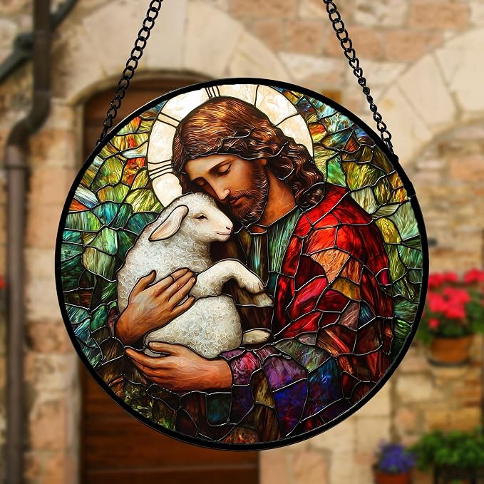 DASTOLL Stained Glass Window Hanging, Jesus Little Lamb Sun Catchers Colorful Glass Panel Christianity Suncatcher Decor for Birthday for Women, Men, Wife, Aunt, and Mom 9.8 in