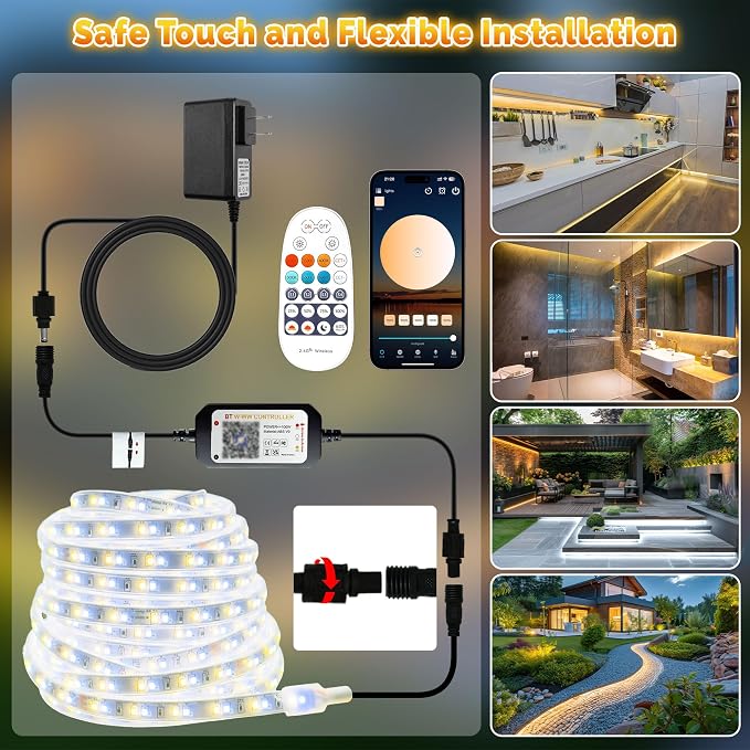 Outdoor LED Strip Lights Waterproof IP67, Dimmable 3000K-6500K Warm White LED Rope Lights Outdoor Waterproof with Remote & APP, 24v Adhesive Exterior Lighting for Patio, Deck, Gazebo (65.6FT/20M)