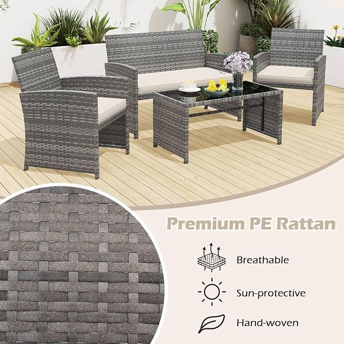 RELAX4LIFE 4-Piece Patio Furniture Set - Wicker Rattan Outdoor Sectional Sofa Set w/Glass Coffee Table, Loveseat, 2 Chairs & Soft Cushions, Bistro Conversation for Garden Porch (1, Grey-Off White)