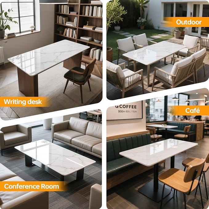 Rectangle Table Top,47.2 ”x 23.6 ” White Sintered Stone Tabletop, DIY Replacement & Cover Marble Desktop, Scratch & Wear Resistant, Easy to Clean, Suitable for Indoor & Outdoor.