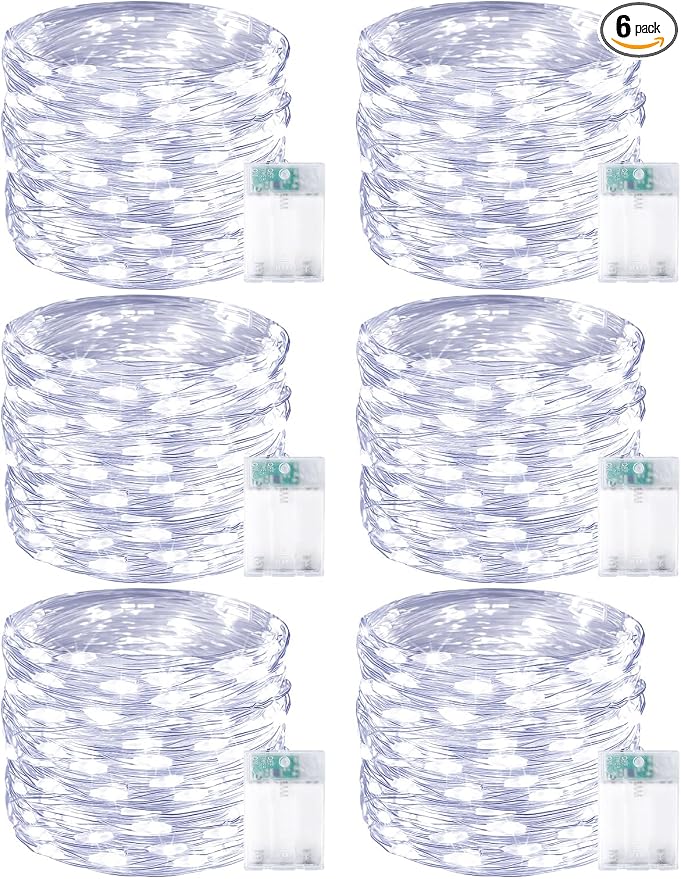 6 Pack 60 LED Fairy Lights Battery Operated with Timer, 20 FT Cool White | Cuttable Copper Wire, Waterproof Battery String Lights for Indoor Outdoor, Wedding, Bedroom, Home, DIY, Christmas Decorations